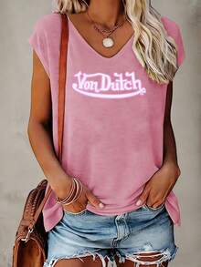 Women's Casual Summer V-Neck Vest | Von D Logo Print | Perfect For Daily Wear, Outdoor Leisure, Loungewear, Back-To-School Season, Mother's Day & More Summer Occasions  | Daily Gift.(3) - Hồng - Xem 2