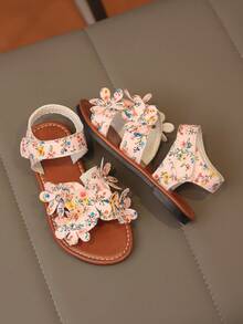 1 Pair Girls' Floral Decor PU Sandals, Soft Sole Non-Slip Wear-Resistant Open Toe Design, Flat Low Heel, Sweet Fresh Style, Children's Sandals For Daily, School, Outdoor, Beach, Summer Breathable & Comfortable - Pink - View 4