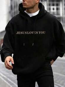 Manfinity Dauomo Men's Slogan Printed Drawstring Hooded Fleece Sweatshirt, Fall Winter - Black - View 2