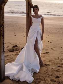 Elegant Off The Shoulder Satin Wedding Dress 2026 New, Luxury Minimalist Bridal Gown With Draped Cowl Neck And High Slit, White Ivory Floor-Length Train Wedding Dress, Formal Evening Gown For Bride, Beach Garden Wedding, Bridal Shower, Engagement, Elopement, Plus Size Available, Satin Fabric, Off Shoulder Wedding Dress, High Slit Wedding Dress, Beach Wedding Dress, Minimalist Wedding Dress, Ivory Wedding Dress, White Wedding Dress, 2026 Bridal Collection, New Arrival Wedding Dress, Bridal Gown For Women, Formal Wedding Dress, Evening Party Dress, Prom Dress, Bridesmaid Dress, Mother Of The Bride Dress, Special Occasion Dress, Quinceanera Dress, Sweet 16 Dress, Graduation Dress, Pageant Dress, Simple Luxury Wedding Dress - trắng - Xem 1