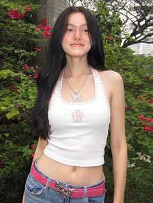Top de tirantes con cuello halter, parches florales bordados y almohadillas fijas en el pecho, estilo sexy y picante para outfit de playa de verano - Rosa - Ver 4