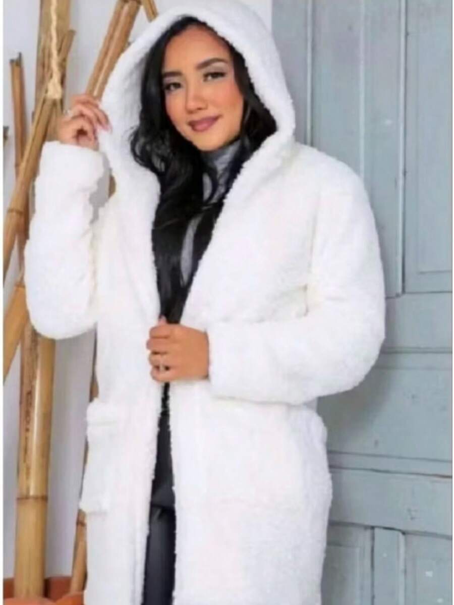 Women's Teddy Coat With Hood, Pocket, And Lining For Winter. - 白色 - 查看 1