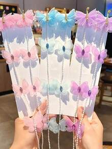 2pcs Pink Pearl Butterfly Braided Hair Chain Hair Clips, Suitable For Girls, Super Fairy Sweet Tassel Braided Hair Ties, Suitable For Girls Hair Clips, Princess Hair Accessories (Paper Card For Display Only) - Multicolor - View 2