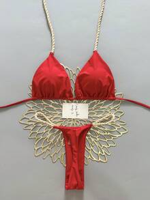 Bộ đồ bơi bikini buộc dây phong cách Bohemian họa tiết hình học và hoa nhiệt đới, dễ thương thanh lịch gợi cảm, casual cho nữ, đi biển nghỉ mát mùa hè - Đỏ - Xem 3