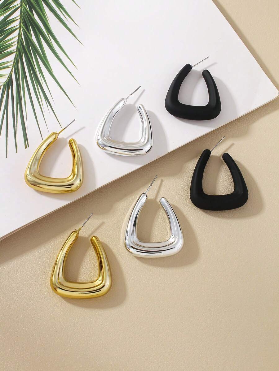 Conjunto de 3 pares de brincos pendentes retrô em formato de U grosso e triangular, com design exclusivo e exagerado, perfeitos para o estilo descolado dos anos 2000, acessórios ideais para fotos de férias e festas. - Multicolorido - Ver 1