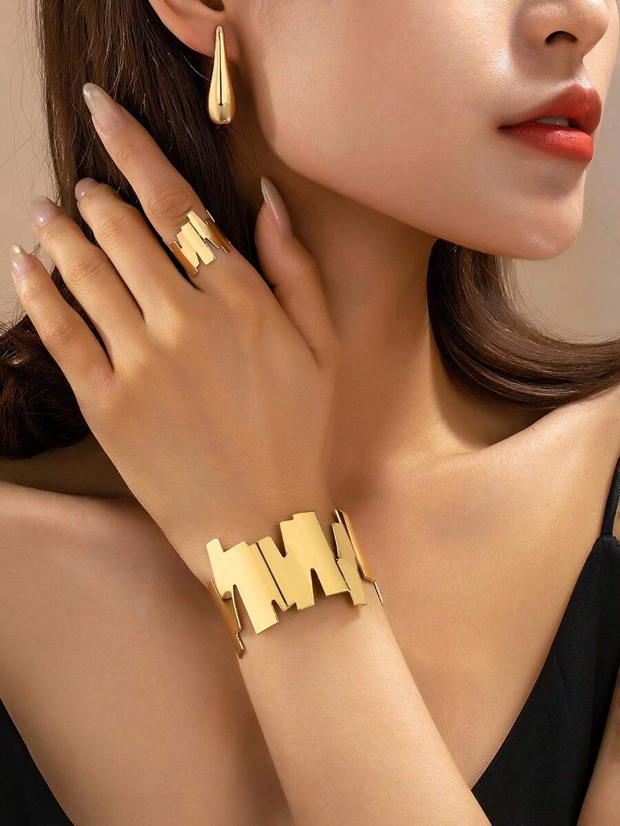Bộ 4 món trang sức thời trang bằng kim loại, hình giọt nước rỗng, trơn bóng, hình học dành cho nữ. - Vàng - Xem 1