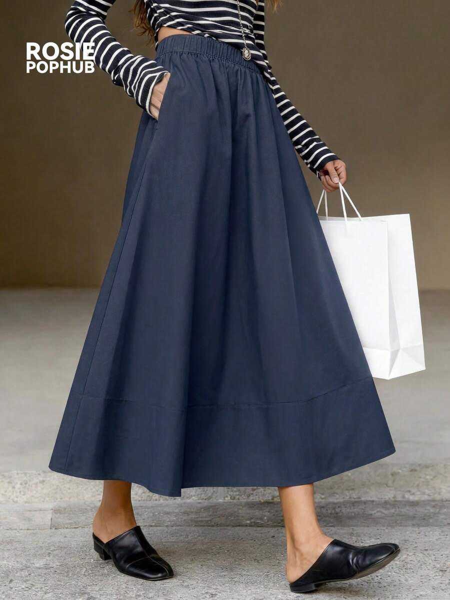 ROSIE POPHUB Women's Solid Navy Blue Casual Maxi Skirt, Elegant Academic Style Suitable For Music Festivals, Weddings And Other Occasions, New Arrivals For Spring, Summer And Winter