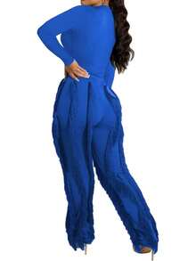 Women's Sexy Two Piece Outfits Long Sleeve Fringe Pants Set Clubwear Going Out Birthday Party Night Outfits - 藍色 - 查看 7