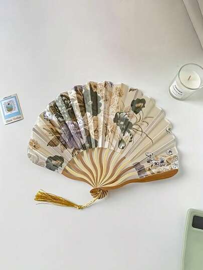 Vintage Ink Painting Hand Fan With Tassels, Elegant Ladies' Folding Fan, Wedding Decor Accessory, Portable Summer Cooling Decoration Fan, Stage Performance Prop