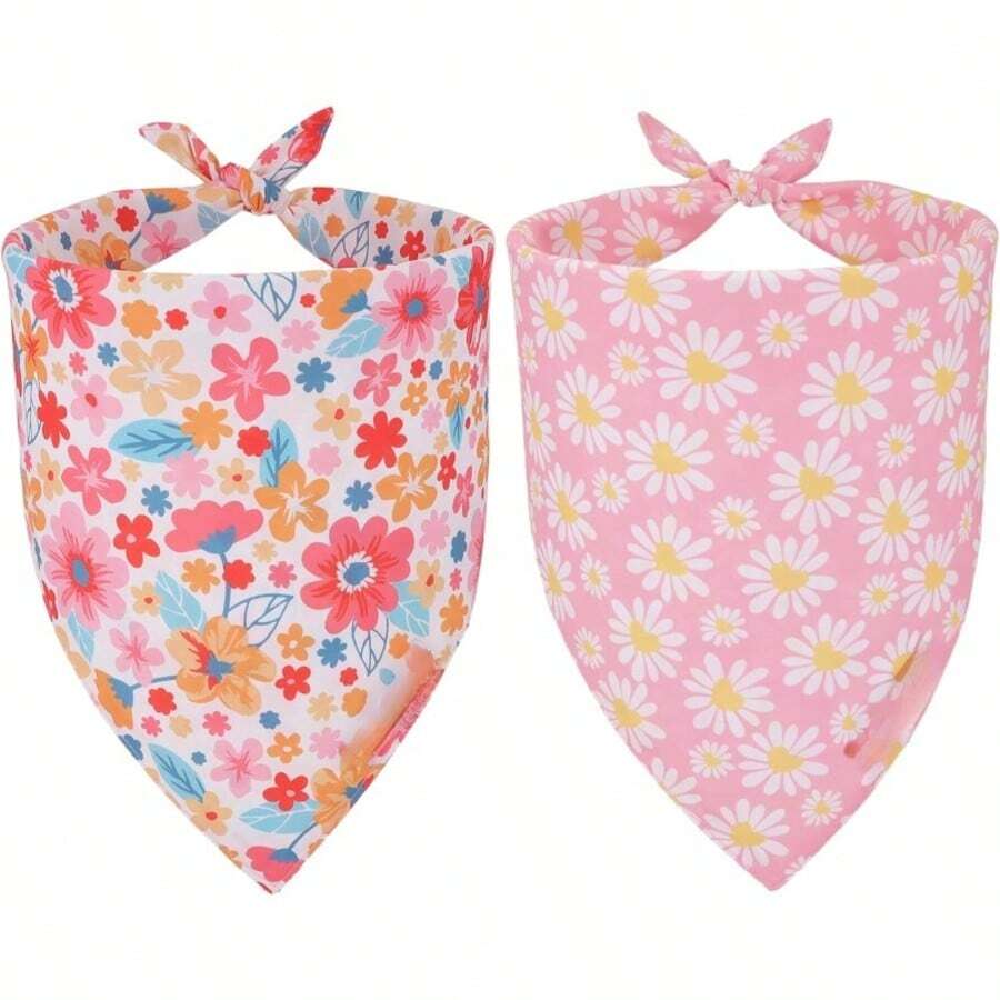 2pcs Floral Dog Scarf, Size 24.8"X11", Designed With Pink Daisy Pattern. These Adjustable Scarves Are Suitable For Medium To Large Dogs, Can Be Reused As A Bib, Scarf Or To Clean Drool. - Multicolor - View 1