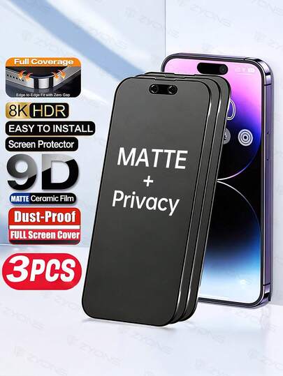 ZYONS 3 Packs Full Coverage Frosted Privacy Screen Protector Anti-Peeping Upgraded Edge Protection Anti-Drop Anti-Scratch Easy Installation No Bubbles, For Iphone 17 Pro Max/17 Air/17E/16 Pro Max/16 Plus/For Iphone 15 Pro Max/14/13/12/11/Xs/Xr Series, Non Glass, TPU Soft Film