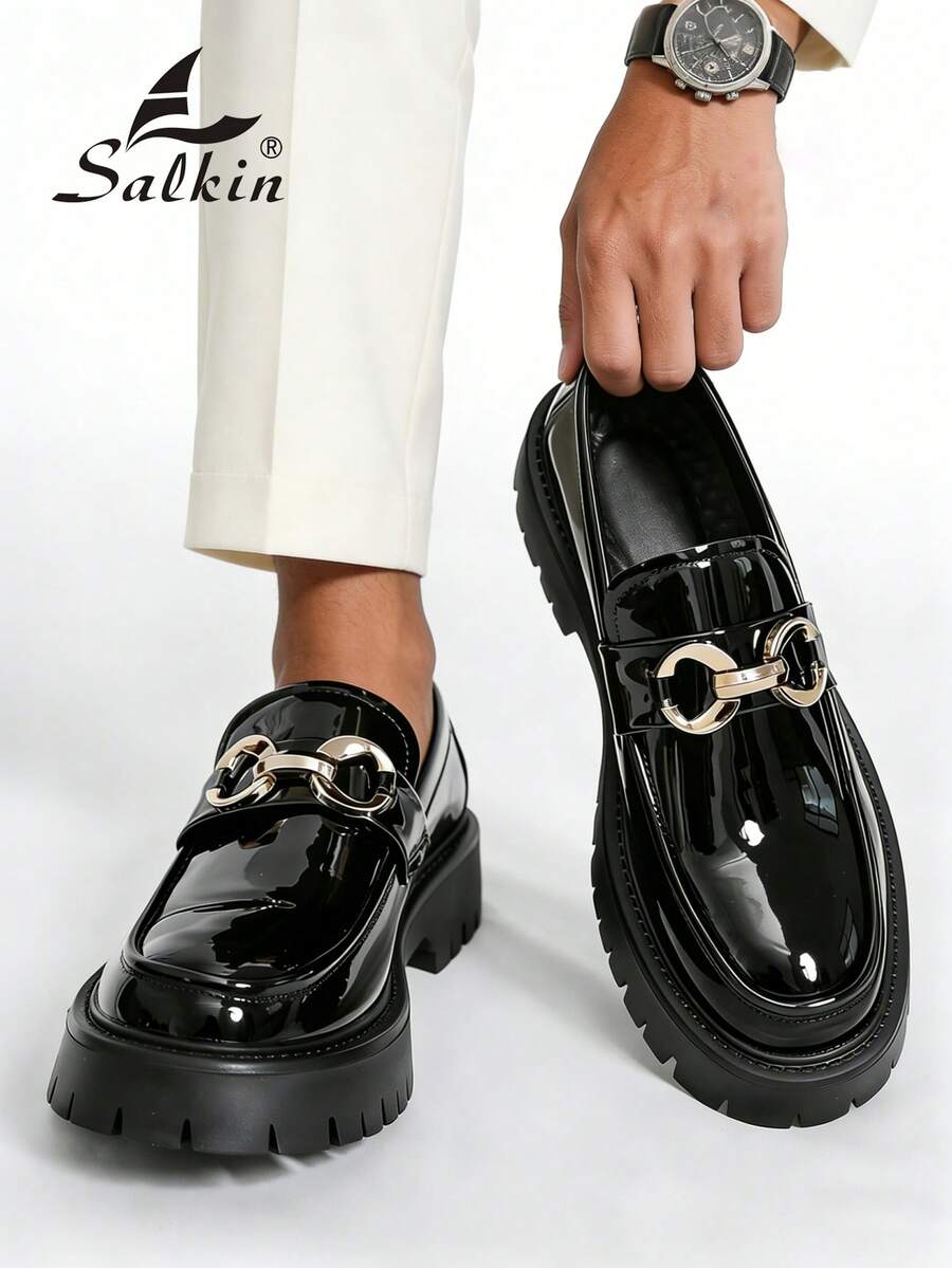 Salkin New British Style Designer Men's Slip-On Loafers, Vintage Vibe, Affordable High-End Feel, Soft & Comfortable, Round Toe, Elegant Formal Leather Shoes, Glossy Patent Leather,Thick Sole, Suitable For Casual, Date, Party, Wedding, Groom, Social Occasions, Spring/Summer/Autumn. Size Runs Small, Please Order One Size Up. - Black - View 1