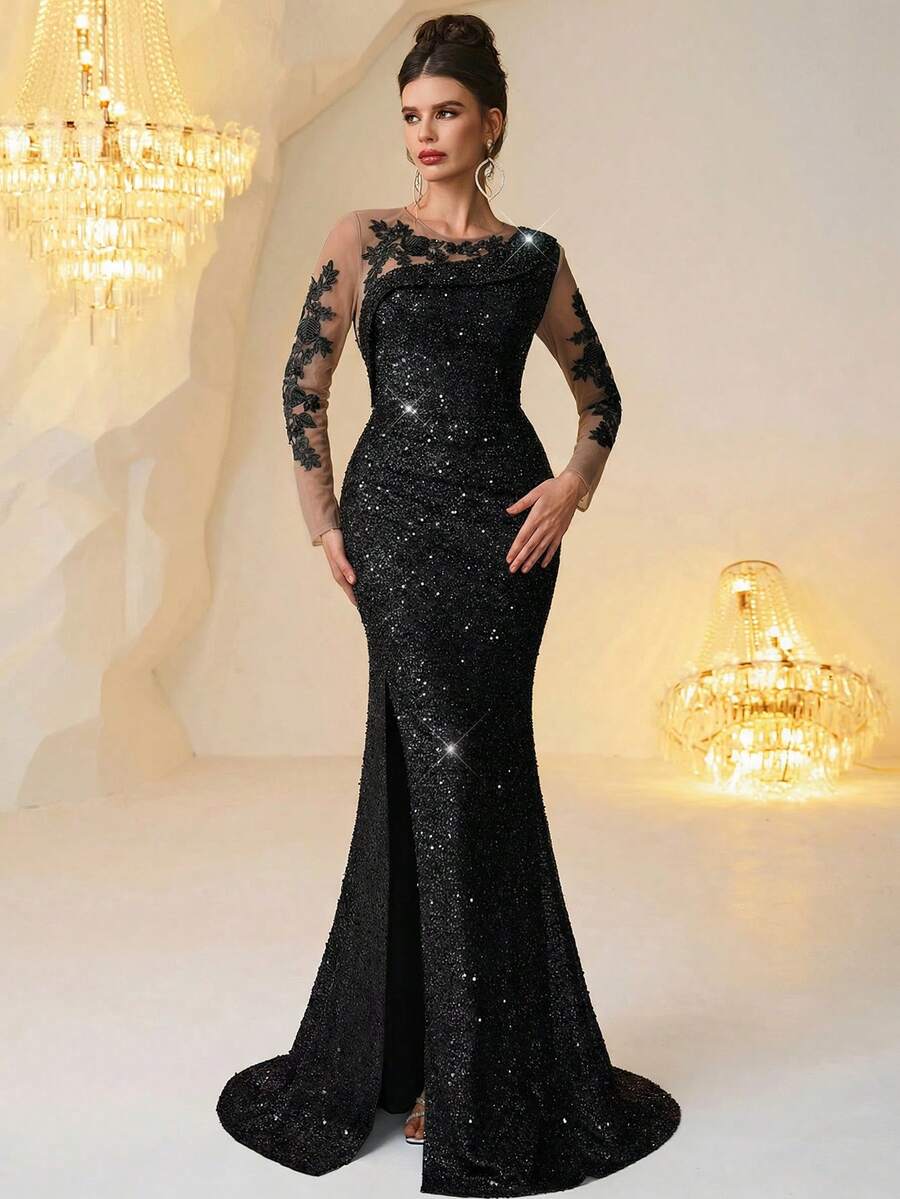 Vestido Elegante Preto Feminino de Cintura Alta Plissado e Ajustado com Decoração Floral 3D, Vestido Longo de Manga Longa com Fenda Elegante em Formato de Cauda de Sereia, Adequado para Ocasiões Formais, Galas, Traje de Convidado de Casamento, Cerimônias de Formatura, Jantares e Festas - Preto - Visão 1