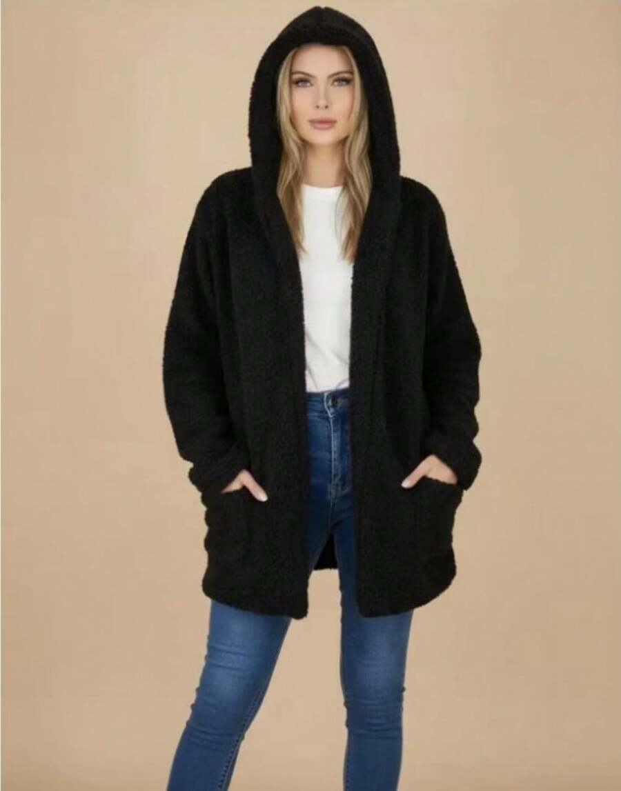 Women's Teddy Coat With Hood, Pocket, And Lining For Winter. - 黑色 - 查看 1