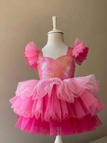 Vestido de princesa con mangas de malla brillante para niña, vestido de pastel de fiesta de Navidad, adecuado como regalo de cumpleaños para niñas, niña de las flores en bodas, banquetes, bailes de graduación, celebraciones festivas - Rosa Fucsia - Ver 9