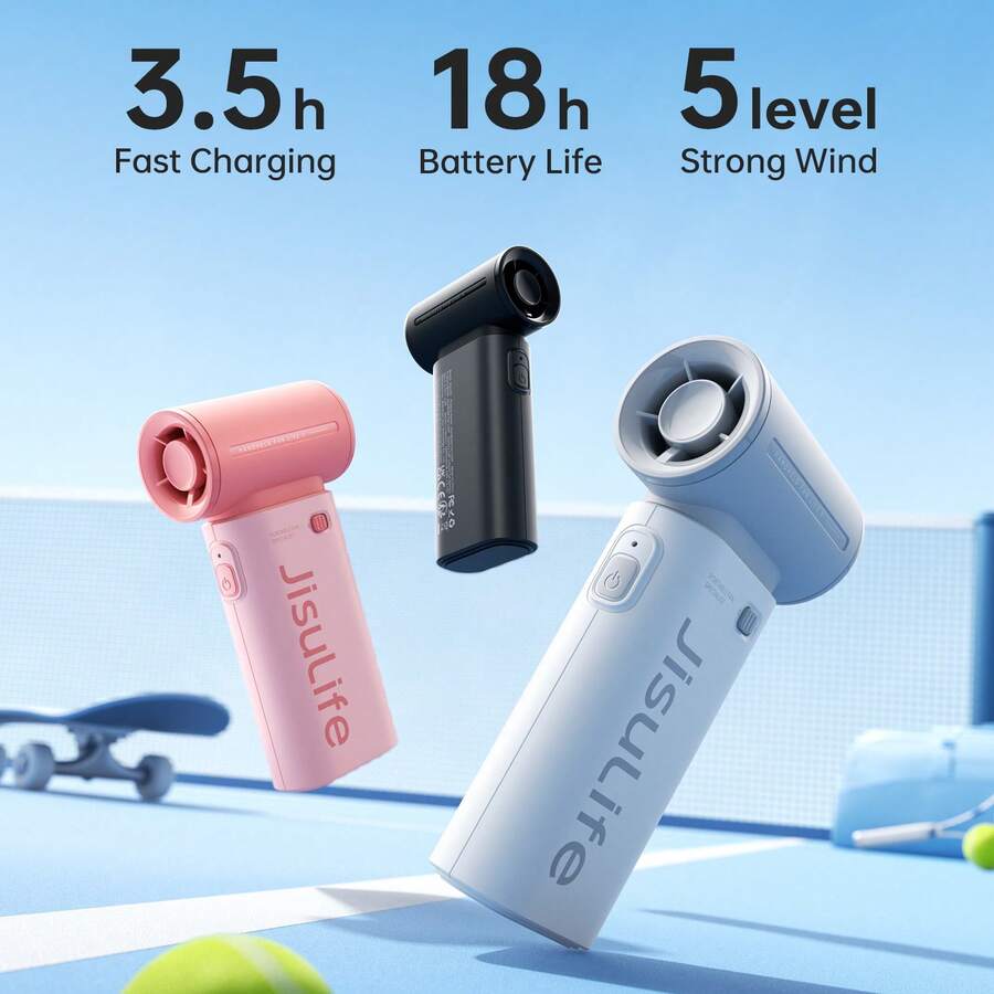 JISULIFE 手持风扇，便携式涡轮风扇，5 档风速，40,000 转/分钟，5000mAh USB 可充电迷你风扇，男女通用，旅行、露营、户外活动必备