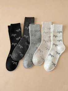 5双装女士薄款过膝袜，带蝴蝶结，甜美风格罗纹透气中筒袜，百搭薄款短袜，休闲透气堆堆袜 - 彩色 - 查看 2