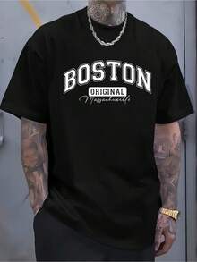 100 Percent Cotton Men's Original Design T-Shirt |   Soft And Breathable Short-Sleeve Round Neck Shirt, Featuring A Striking "Boston" Print, Suitable For All Seasons, Making It An Ideal Choice For Casual Wear And Holidays Such As Christmas, Easter, Halloween, And Thanksgiving - 黑色 - 查看 1