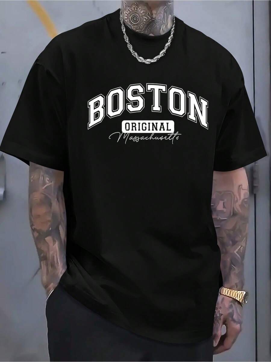 100 Percent Cotton Men's Original Design T-Shirt |   Soft And Breathable Short-Sleeve Round Neck Shirt, Featuring A Striking "Boston" Print, Suitable For All Seasons, Making It An Ideal Choice For Casual Wear And Holidays Such As Christmas, Easter, Halloween, And Thanksgiving - 黑色 - 查看 1