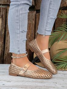 女士金色镂空编织玛丽珍平底鞋，复古踝带方头鞋，透气网眼内衬，适合春夏休闲日常穿着 - 金色 - 查看 3