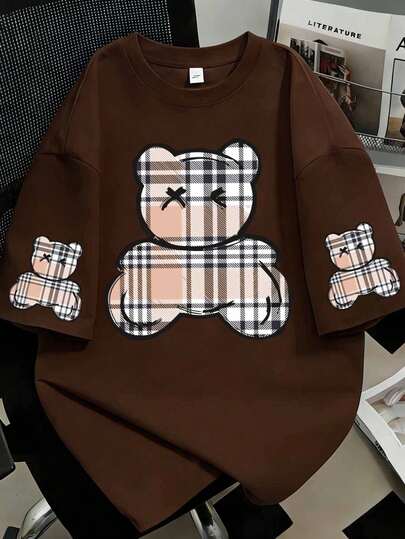 大码可爱童趣小熊印花短袖日常休闲流行T恤 夏季