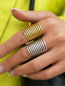 Anel personalizado dourado em aço inoxidável (2 peças/1 peça), anel casual aberto, anel em aço inoxidável, adequado para uso diário e viagens, a melhor opção de presente para sua namorada ou esposa. - Estilo 3 - Ver 5