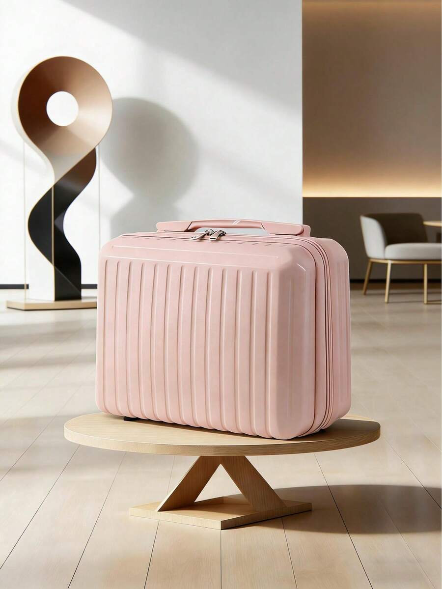 12吋迷你旅行手提行李化妝包，便攜式硬殼化妝品旅行箱，帶彈性帶旅行化妝箱，小化妝品旅行箱，粉藍綠三色可選，多功能時尚便攜行李箱，復古輕便可上鎖，冬季旅行必需品，學校蜜月留學適用 - 粉色 - 查看 1