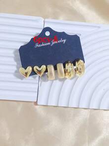 9 Pairs Gold Tone Earring Set, Niche Design Heart & Flower Earrings, Versatile Luxury Hoop Earrings For Women - Gold - View 8