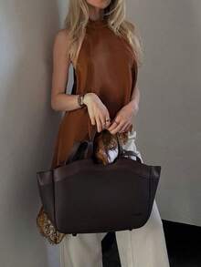 1pc Solid Color Sleeveless Lace Patchwork Asymmetrical Hem Loose Blouse, Suitable For Summer Vacation & Party - Brown - View 4