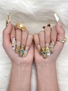 Nailchic 10 PCS Handmade Square Press-On Nails | Luxury Baroque Gold Acrylic Nails, 3D Virgin Mary Icon, Turquoise Heart Gem & Crystal Cross Edgy Art (Tool Kit Included) - Multicolor - View 8