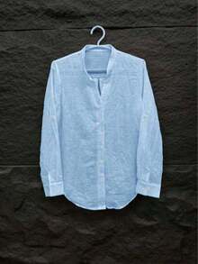Blusa de manga larga de un solo pecho, de unicolor, de estilo minimalista y versátil, adecuada para uso diario, viajes, todas las estaciones y el Día de San Valentín, primavera - azul claro - Ver 3