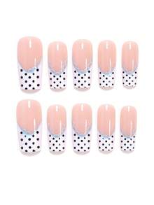 24pcs Medium Square Press-On Nails With Romantic Floral, Striped Lace, Polka Dot French Designs, Y2K Style, Full Cover Fake Nails Suitable For Women And Girls, Includes 1 Sheet Of Adhesive Stickers And 1 Mini File Randomly Shipped - Baby Blue - View 3