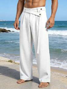 男士亚麻长裤，美式春夏亚麻抽绳腰长裤 - 白色 - 查看 2