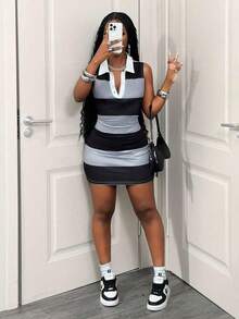 Striped Contrast Color Sleeveless Polo Collar Bodycon Mini Dress, Casual Comfortable Stretchy Slimming Short Dress For Daily Wear - Nhiều màu - Xem 1