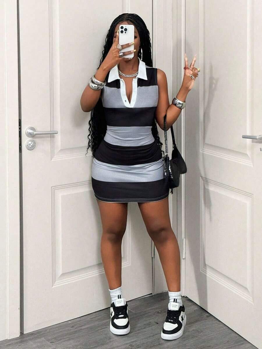 Striped Contrast Color Sleeveless Polo Collar Bodycon Mini Dress, Casual Comfortable Stretchy Slimming Short Dress For Daily Wear - Nhiều màu - Xem 1