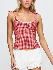 Women Plaid Tie Strap Top Check Print Slim Camisole Cute Lace Trim Scoop Neck Crop Tops Spaghetti Strap Button Tank Tops Shirts For Summer Streetwear - Đỏ - Xem 2