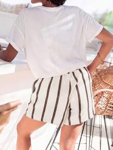 Quần short kẻ sọc có túi giả dây rút, cỡ lớn, phù hợp cho các dịp thường ngày, kỳ nghỉ, đi chơi tối, tiệc sinh nhật, tiệc tựu trường, du lịch, lễ hội nhạc đồng quê, thể thao & tập thể dục, mùa xuân/hè. - Sọc trắng và nâu - Xem 2