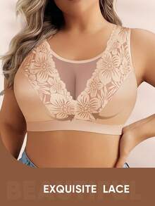 Plus Size Women's Daily Bra, Floral Print Design, Lace Patchwork, Breathable - Apricot - View 5