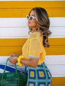 Women's Short Sleeve Knit Polo Shirt, Contrast Color Trim, Button Detail And Hollow-Out Design, Loose And Comfortable Summer Casual Wear, Versatile Street Style - Yellow - View 5