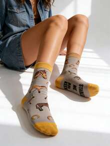 Autumn/Spring Cartoon Horse Colorblock Retro Casual Mid-Calf Socks - Grey - View 3