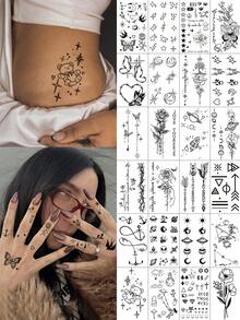 24张女士临时纹身贴纸，极简线条风格，黑色蛇蜘蛛几何玫瑰花羽毛混合图案，防水仿真纹身，可持续2-5天，可用于手臂、颈部、肩部、腰部、腿部、脚踝等部位，适合身体装饰、节日派对及其他场合。 - 黑色 - 查看 1