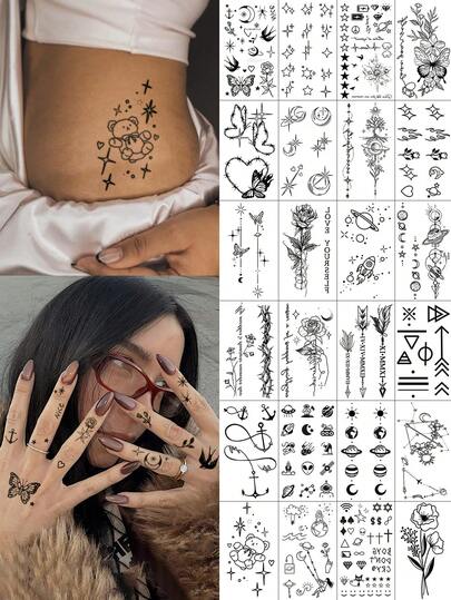24 Sheets Women Temporary Tattoo Stickers, Minimalist Line Style, Black Snake Spider Geometric Rose Flower Feather Mixed Pattern, Waterproof Simulated Tattoo, Lasting 2-5 Days, Can Be Used On Arms, Neck, Shoulders, Waist, Legs, Ankles And Other Parts, Suitable For Body Decoration, Holiday Parties And Other Occasions