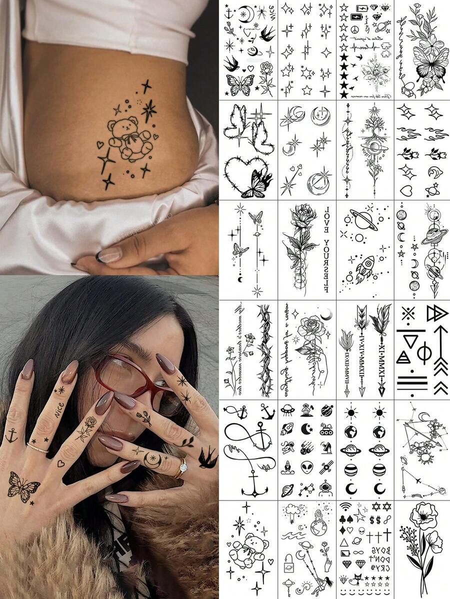 24张女士临时纹身贴纸，极简线条风格，黑色蛇蜘蛛几何玫瑰花羽毛混合图案，防水仿真纹身，可持续2-5天，可用于手臂、颈部、肩部、腰部、腿部、脚踝等部位，适合身体装饰、节日派对及其他场合。 - 黑色 - 查看 1