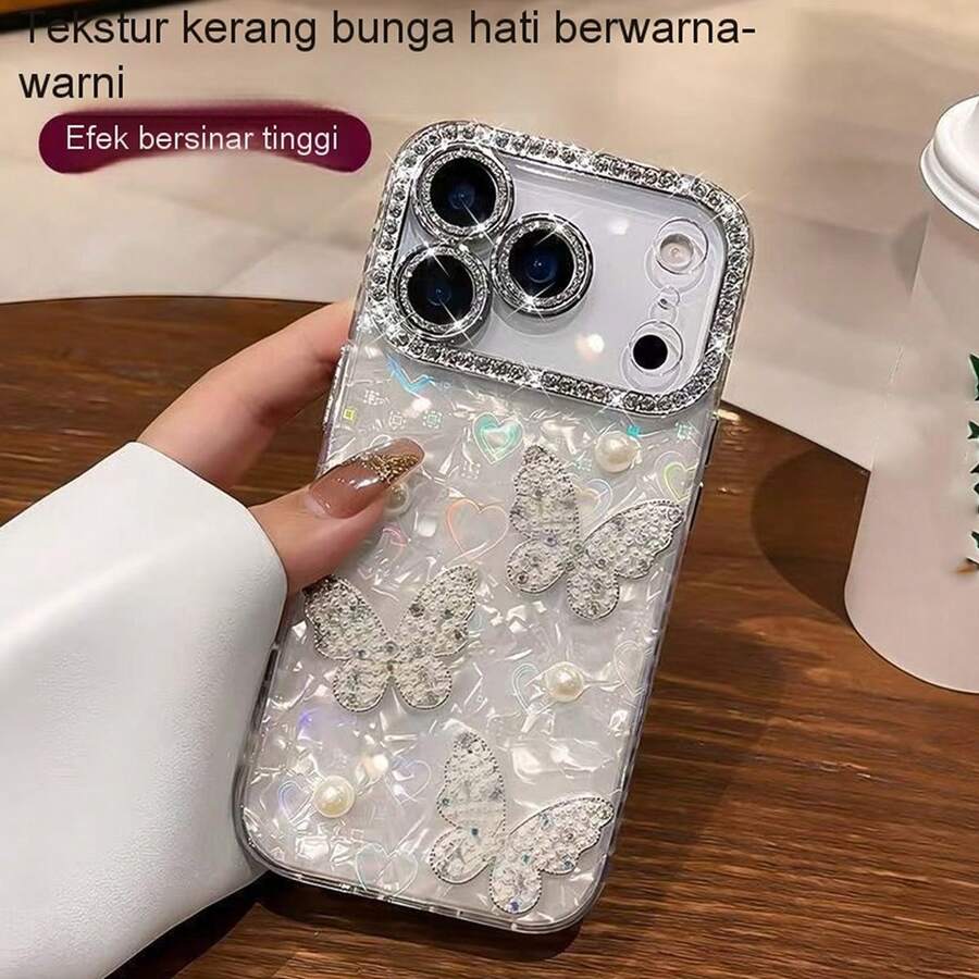 Ốp lưng điện thoại sang trọng đính đá lấp lánh hình bướm ngọc trai 3D dễ thương, tương thích với iPhone 17 Pro Max 17 Pro 17 Air 17 16 15 14 13 12 Pro Max 11, chống sốc, bảo vệ mặt sau điện thoại dễ thương. - trắng - Xem 1