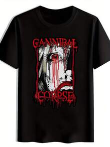 Black T-Shirt For Men With Cannibal Corpse Graphic Design - Vintage Rock Band Print, Short Sleeve, Round Neck, Casual Summer Clothing For Music Fans, Beach, Vacation And Parties, T-Shirt With Detailed Skull Print - màu đen - Xem 2