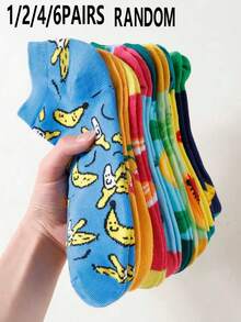 1/2/4/6 đôi tất cổ ngắn nữ ngẫu nhiên họa tiết dâu tây và chuối, thoải mái và thoáng khí. - Nhiều màu - Xem 1