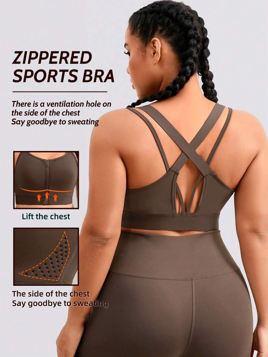 1pc Women Plus Size Sports Bra, Adjustable Back Support Lift, Front Zipper Casual Camisole For Spring/Summer - Coffee Brown - View 1