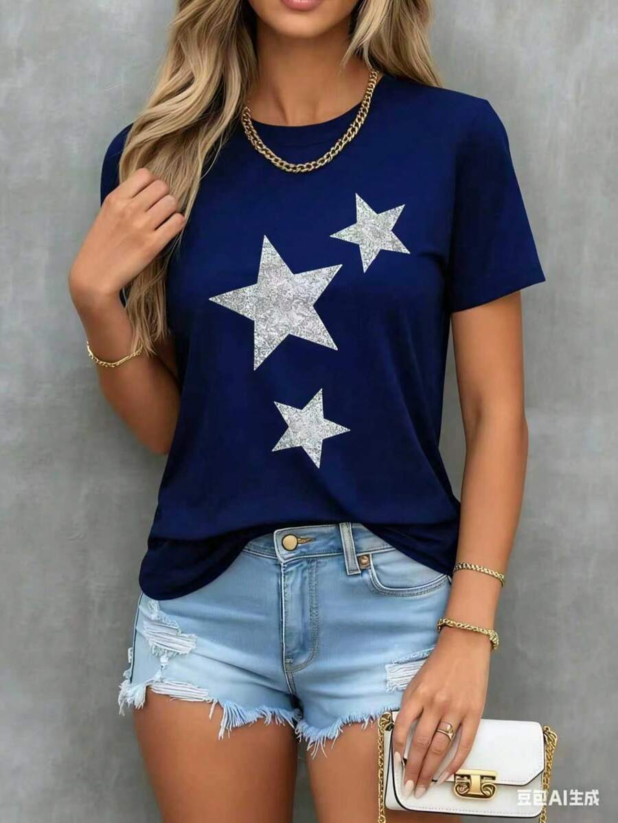 Women's Casual Glitter Star Print T-Shirt Summer Short Sleeve Top For Everyday Wear Comfortable Loose Fit Tee Shirts Fashion Outfit - 藏蓝色 - 查看 1