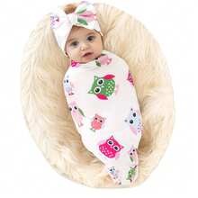 Receiving Blanket Headband Set Flower Print Baby Swaddle Blankets - 淺粉色 - 查看 3