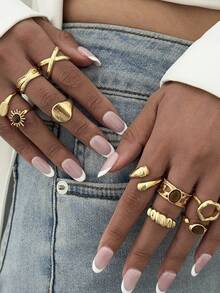 Set de 10 anillos ajustables de estilo retro irregular - Anillos de metal personalizados para dedos de mujer - Multicolor - Ver 2